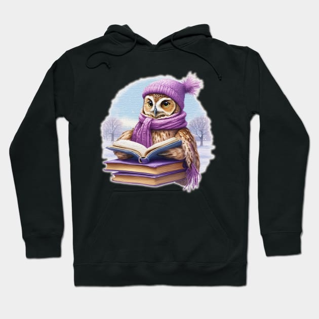 Cute owl Read A Book wearing a  purple hat and scarf Hoodie by JnS Merch Store